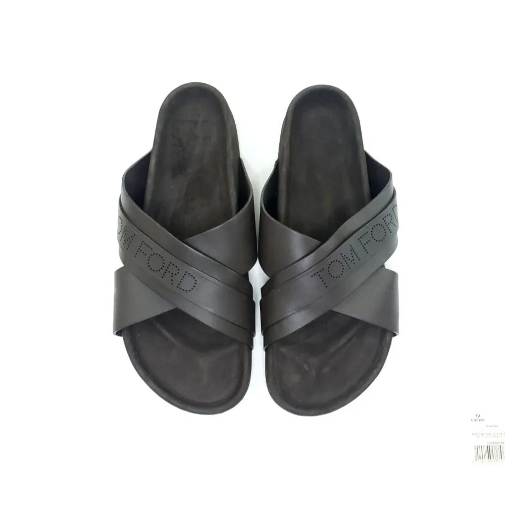 Tom Ford Wicklow Crossover Slider Sandal Brown Leather Mens US 8